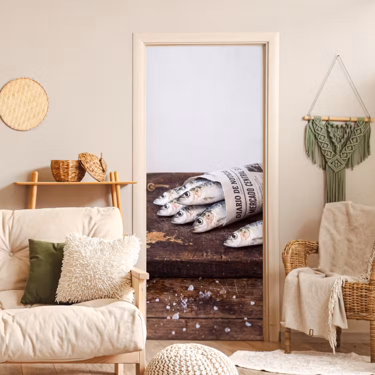 Door sticker - Little Sardine - newspaper - cutting board - Sardientje - krant - snijplank deurposter klein
