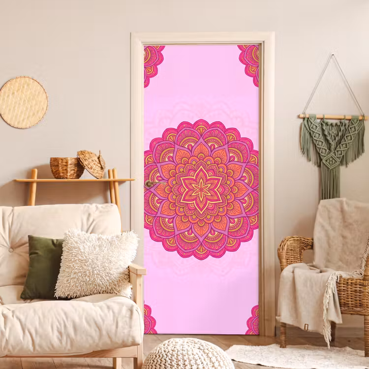 Mandala - Cirkel - Spiritueel - Oosters - Roze deurposter klein -sfeer2