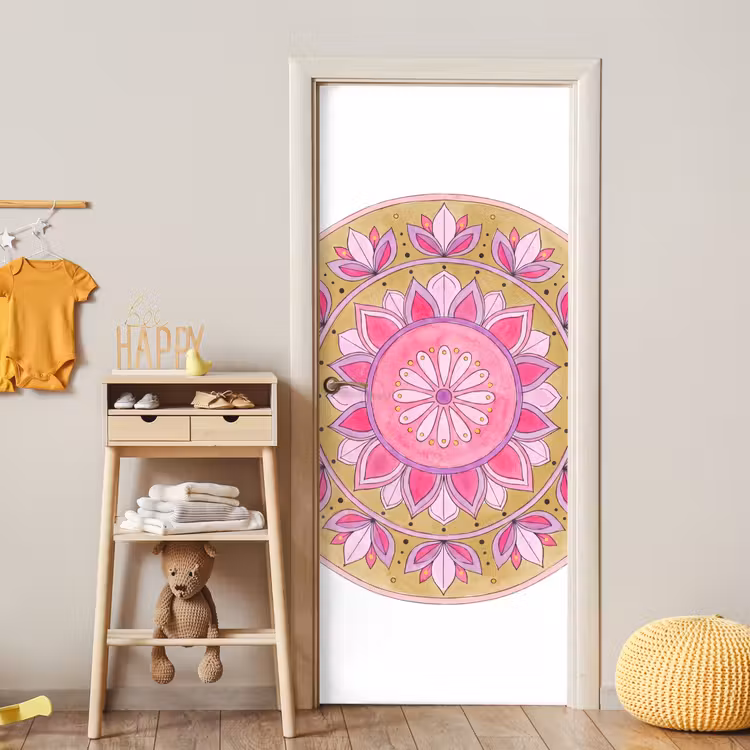 Mandala - Patroon - Kunst - Aquarel - Roze deurposter klein -sfeer4