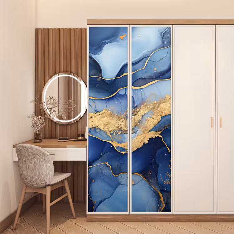 Marmer - Blauw - Goud - Abstract deurposter klein -sfeer3