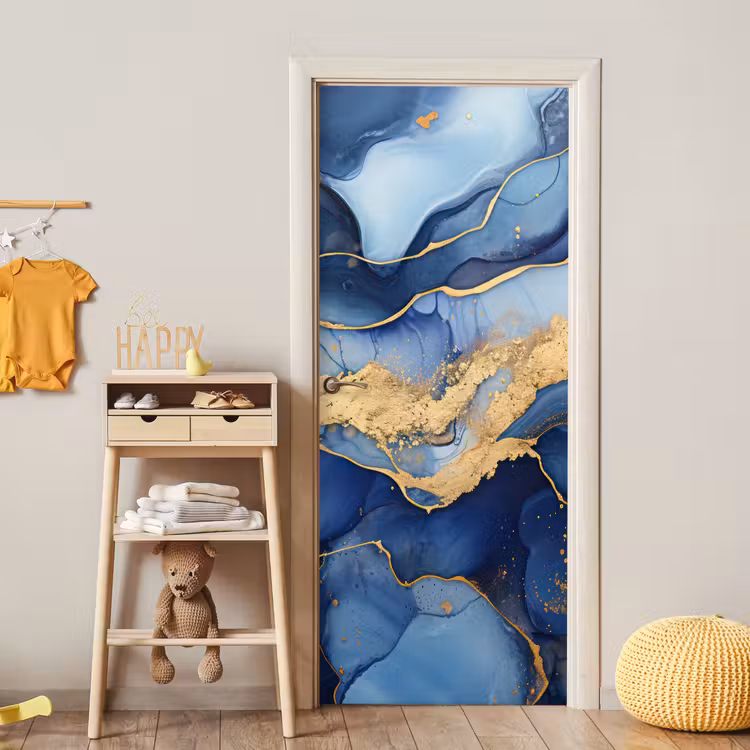 Marmer - Blauw - Goud - Abstract deurposter klein -sfeer4