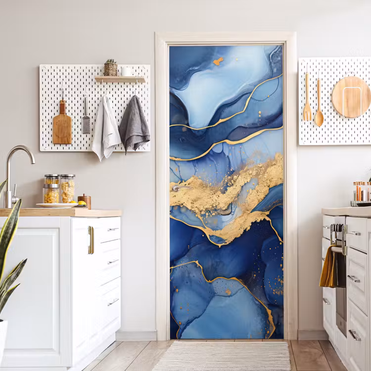 Marmer - Blauw - Goud - Abstract deurposter klein -sfeer5