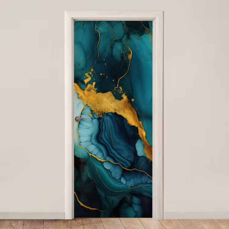 Marmer - Goud - Blauw groen - Abstract - Turquoise deurposter klein -3d_beige