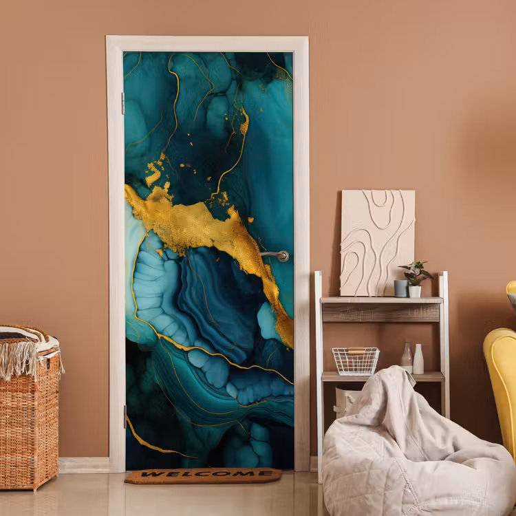 Marmer - Goud - Blauw groen - Abstract - Turquoise deurposter klein -sfeer1