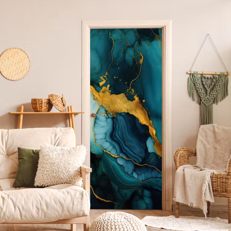 Marmer - Goud - Blauw groen - Abstract - Turquoise deurposter klein -sfeer2