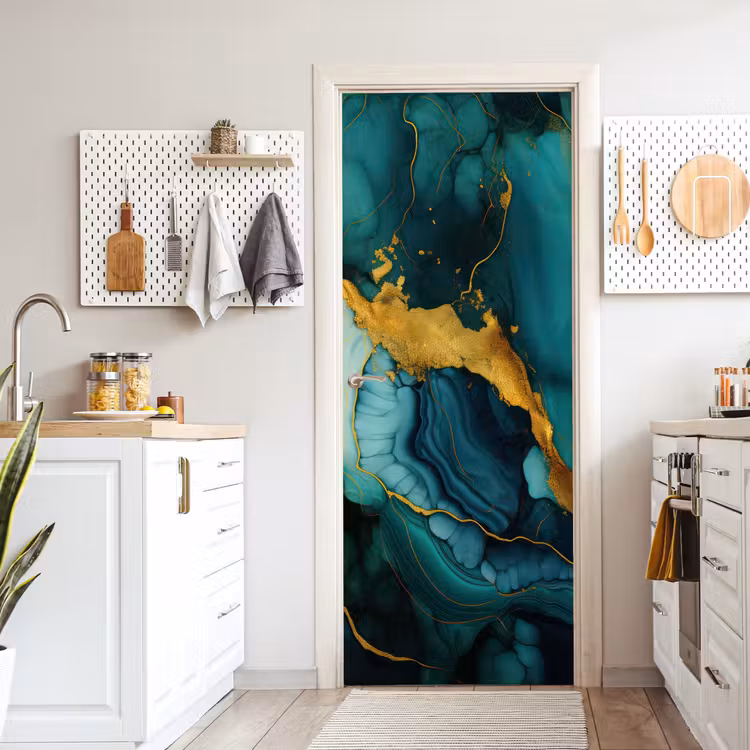 Marmer - Goud - Blauw groen - Abstract - Turquoise deurposter klein -sfeer5