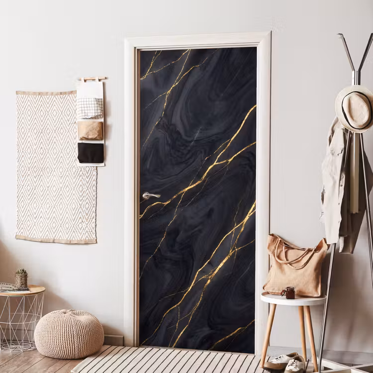 Marmer - Goudaders - Abstract - Modern - Zwart deurposter klein -sfeer6