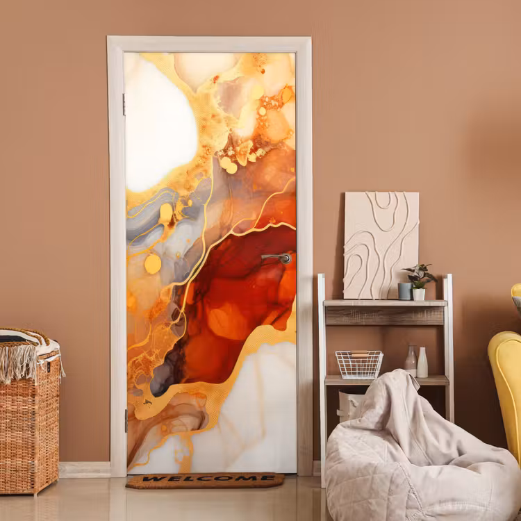 Marmer - Oranje - Goud - Modern - Abstract deurposter klein -sfeer1