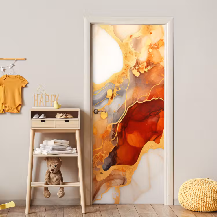 Marmer - Oranje - Goud - Modern - Abstract deurposter klein -sfeer4