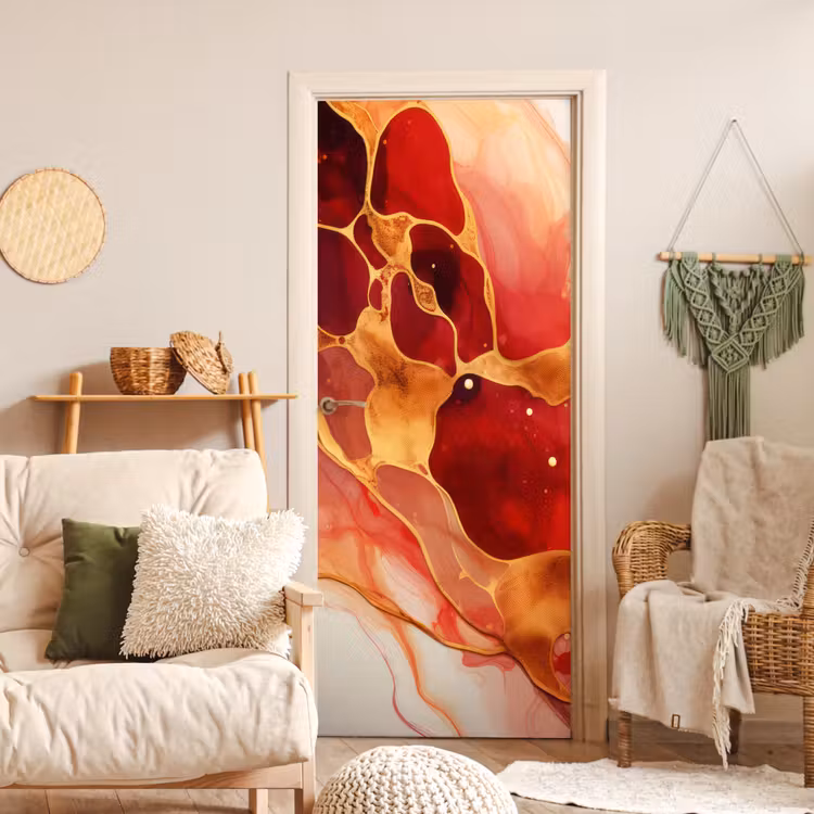Marmer - Rood - Goud - Modern - Abstract deurposter klein -sfeer2