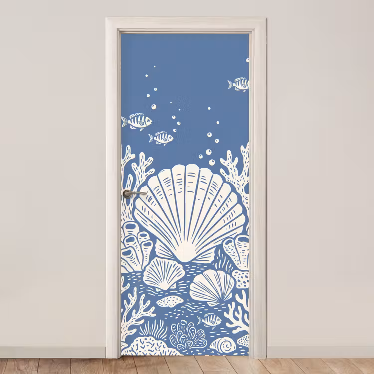 Zeeleven - Koraal - Schelp - Vis - Illustratie - Onderwater deurposter klein -3d_beige