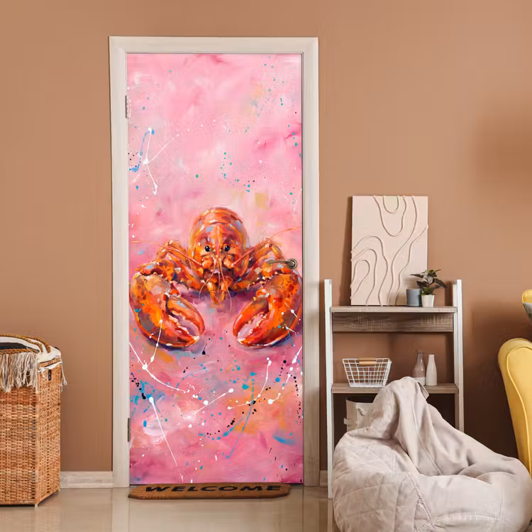 Zeeleven - Kreeft - Spatters - Abstract - Roze deurposter klein -sfeer1