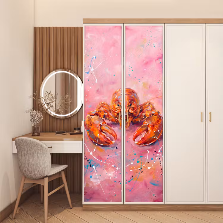 Zeeleven - Kreeft - Spatters - Abstract - Roze deurposter klein -sfeer3