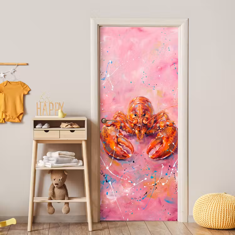 Zeeleven - Kreeft - Spatters - Abstract - Roze deurposter klein -sfeer4