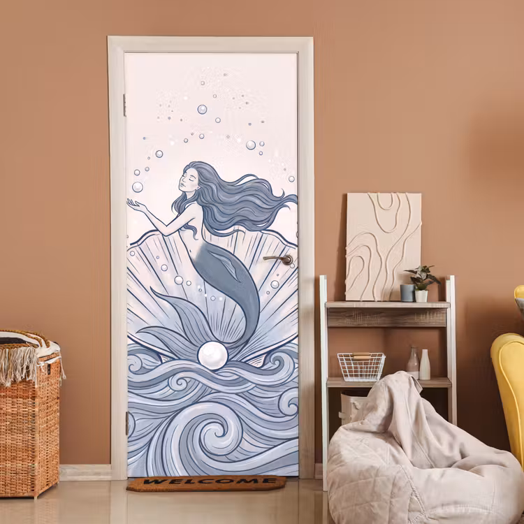 Zeemeermin - Schelp - Zee - Fantasie - Blauw deurposter klein -sfeer1