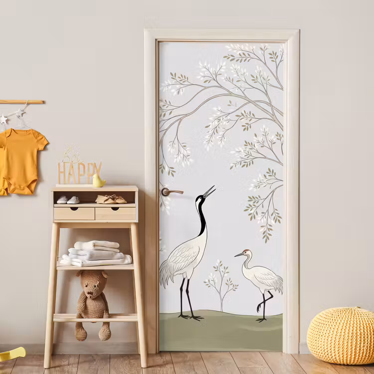 Minimalistisch - Kraanvogels - Blauw deurposter klein -sfeer4