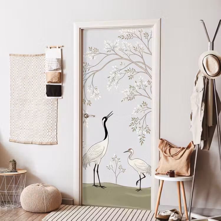 Minimalistisch - Kraanvogels - Blauw deurposter klein -sfeer6