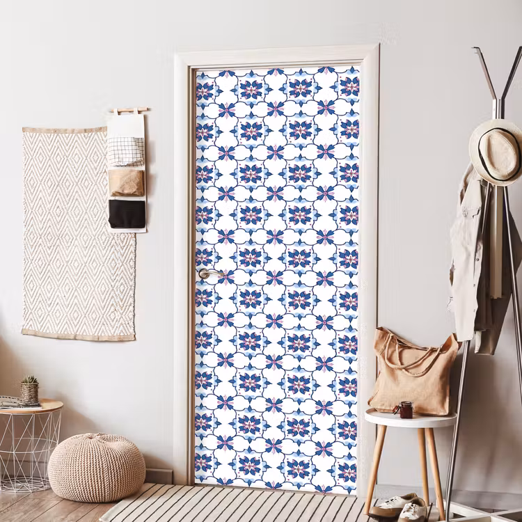 Modern - Patroon - Blauw - Roze deurposter klein 289 -sfeer6