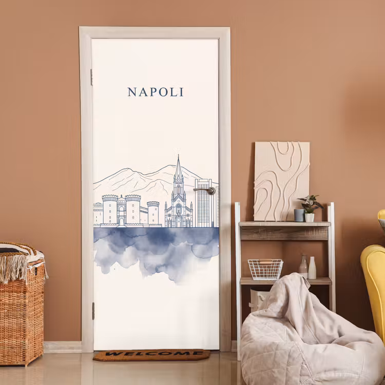 Napels - Skyline - Italie - Lijntekening - Aquarel deurposter klein -sfeer1
