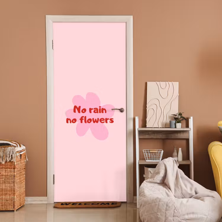 No rain no flowers - Bloem - Roze deurposter klein -sfeer1