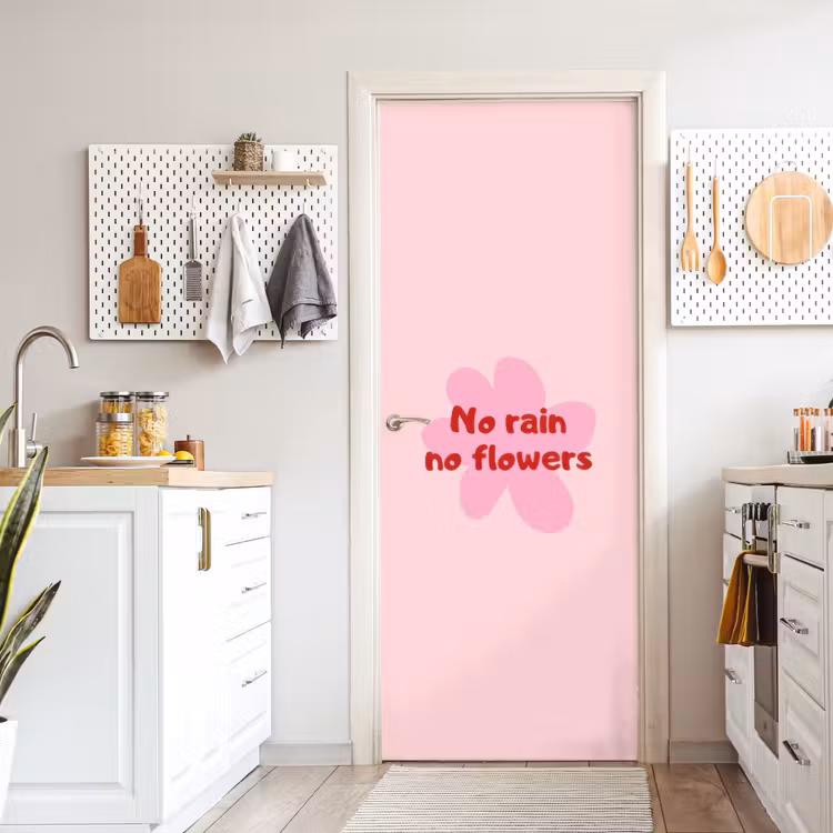 No rain no flowers - Bloem - Roze deurposter klein -sfeer5