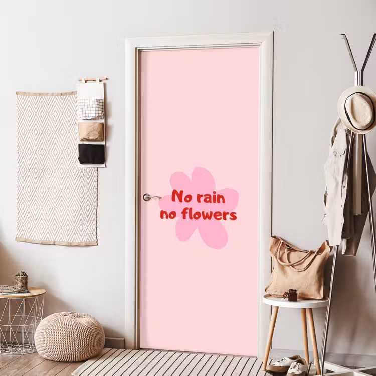 No rain no flowers - Bloem - Roze deurposter klein -sfeer6