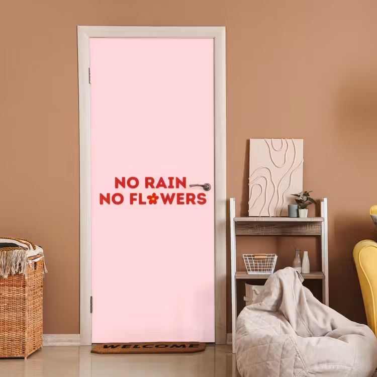 No rain no flowers - Minimalistisch - Roze - Bloem deurposter klein -sfeer1
