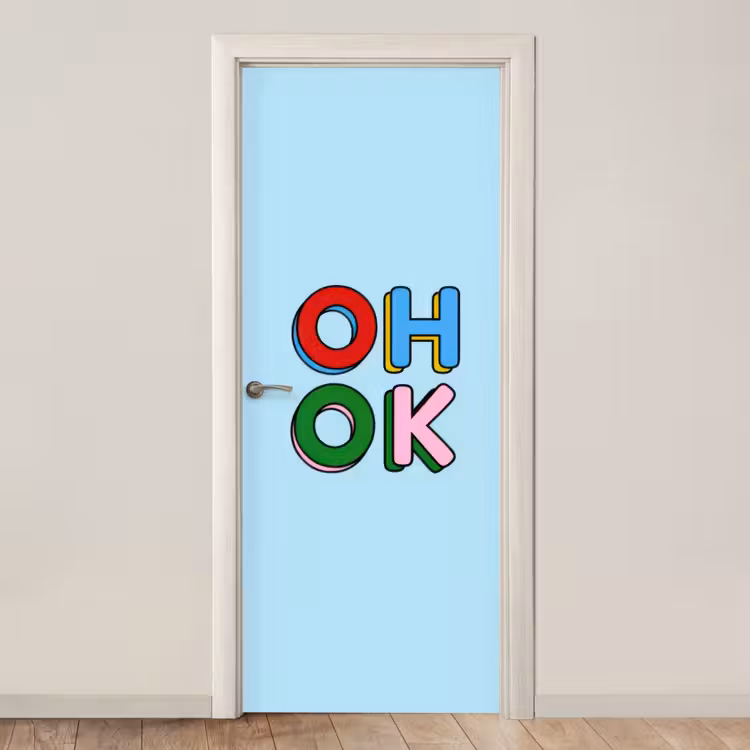 Oh ok - Blauw - Kleurrijk deurposter klein -3d_beige