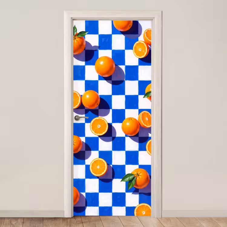 Door sticker - Orange - Checkered - Food - Sinaasappel - Geruit - Eten deurposter klein