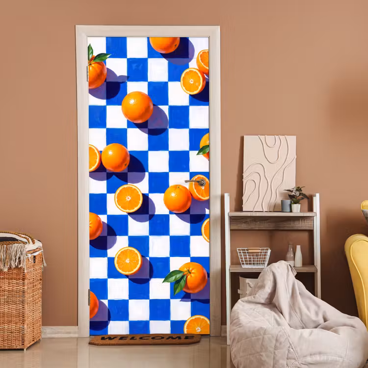 Door sticker - Orange - Checkered - Food - Sinaasappel - Geruit - Eten deurposter klein