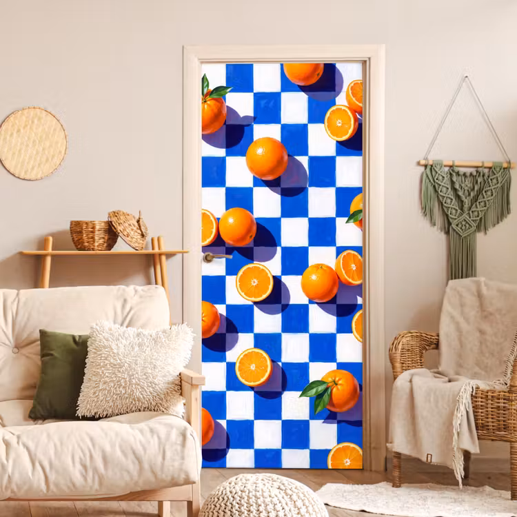 Door sticker - Orange - Checkered - Food - Sinaasappel - Geruit - Eten deurposter klein
