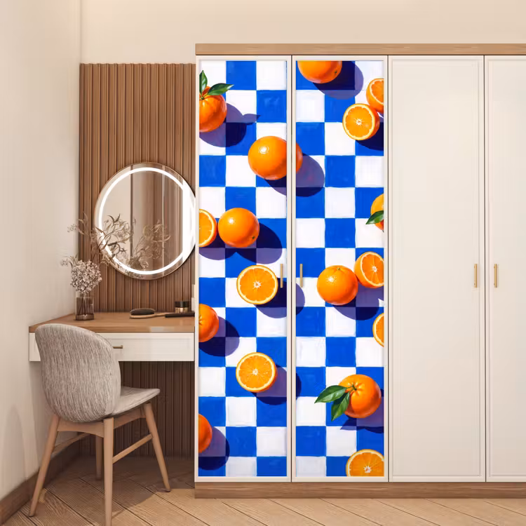Door sticker - Orange - Checkered - Food - Sinaasappel - Geruit - Eten deurposter klein