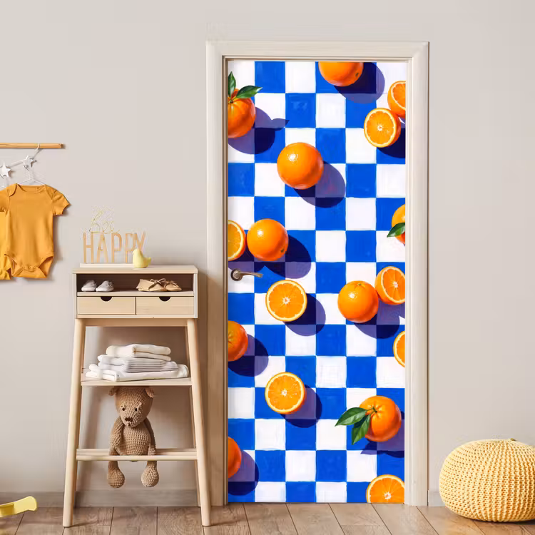 Door sticker - Orange - Checkered - Food - Sinaasappel - Geruit - Eten deurposter klein
