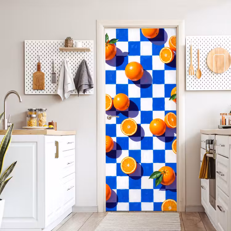 Door sticker - Orange - Checkered - Food - Sinaasappel - Geruit - Eten deurposter klein