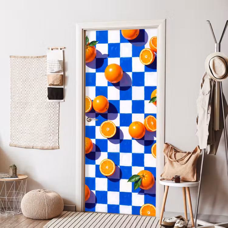 Door sticker - Orange - Checkered - Food - Sinaasappel - Geruit - Eten deurposter klein