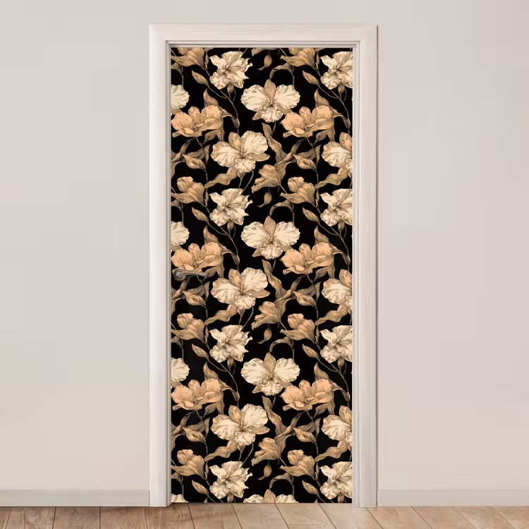 Orchideeën - Lijntekening - Patroon - Beige - Zwart deurposter klein 289 -3d_beige
