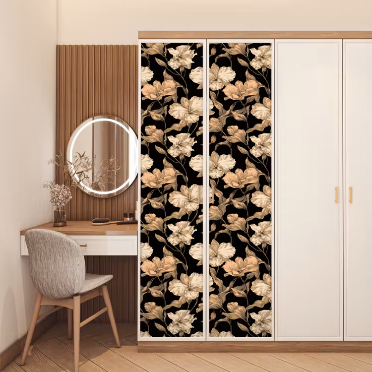 Orchideeën - Lijntekening - Patroon - Beige - Zwart deurposter klein 289 -sfeer3