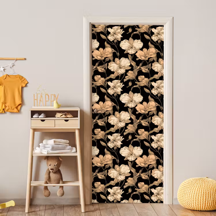 Orchideeën - Lijntekening - Patroon - Beige - Zwart deurposter klein 289 -sfeer4