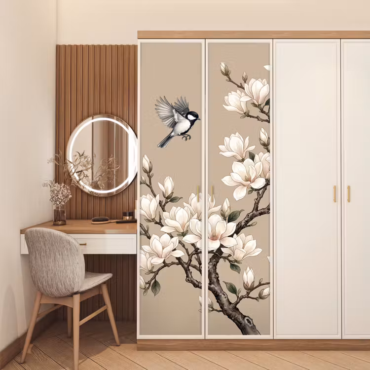 Oosters - Vogels - Beige deurposter klein -sfeer3