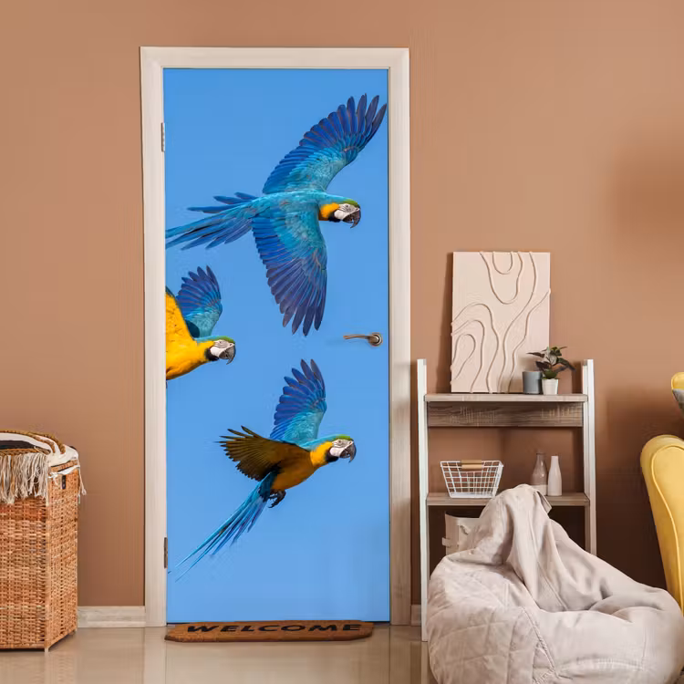 Papagaai - Vliegen - Blauw - Geel deurposter klein -sfeer1