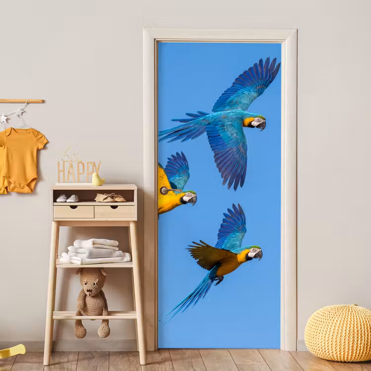Papagaai - Vliegen - Blauw - Geel deurposter klein -sfeer4