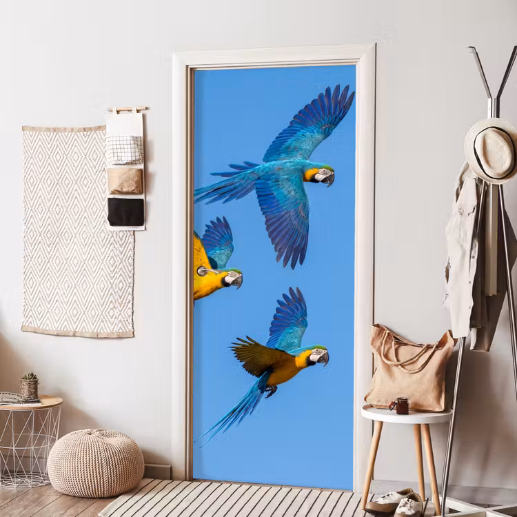 Papagaai - Vliegen - Blauw - Geel deurposter klein -sfeer6