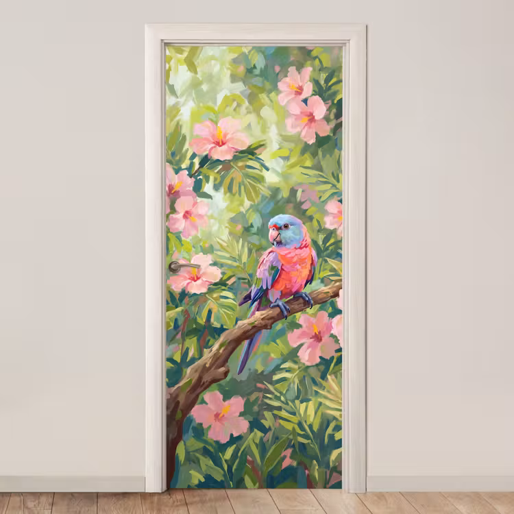 Papagaai - Hibiscusbloemen - Kleurrijk deurposter klein -3d_beige