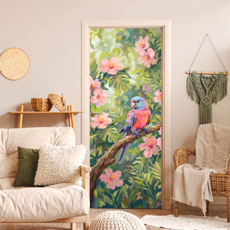 Papagaai - Hibiscusbloemen - Kleurrijk deurposter klein -sfeer2