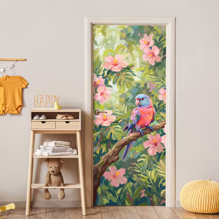 Papagaai - Hibiscusbloemen - Kleurrijk deurposter klein -sfeer4