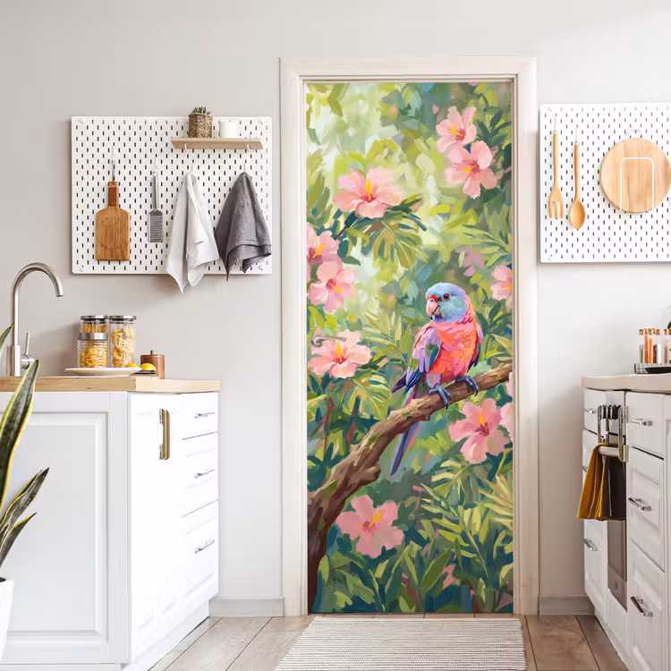 Papagaai - Hibiscusbloemen - Kleurrijk deurposter klein -sfeer5