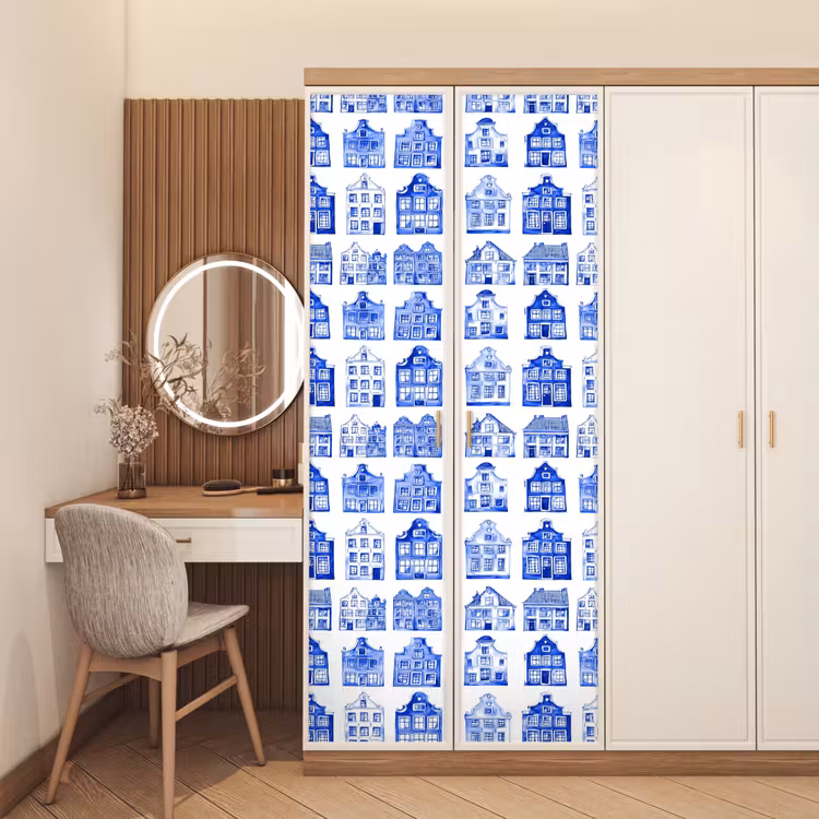 Patroon - Huizen - Blauw deurposter klein 289 -sfeer3