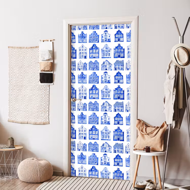 Patroon - Huizen - Blauw deurposter klein 289 -sfeer6