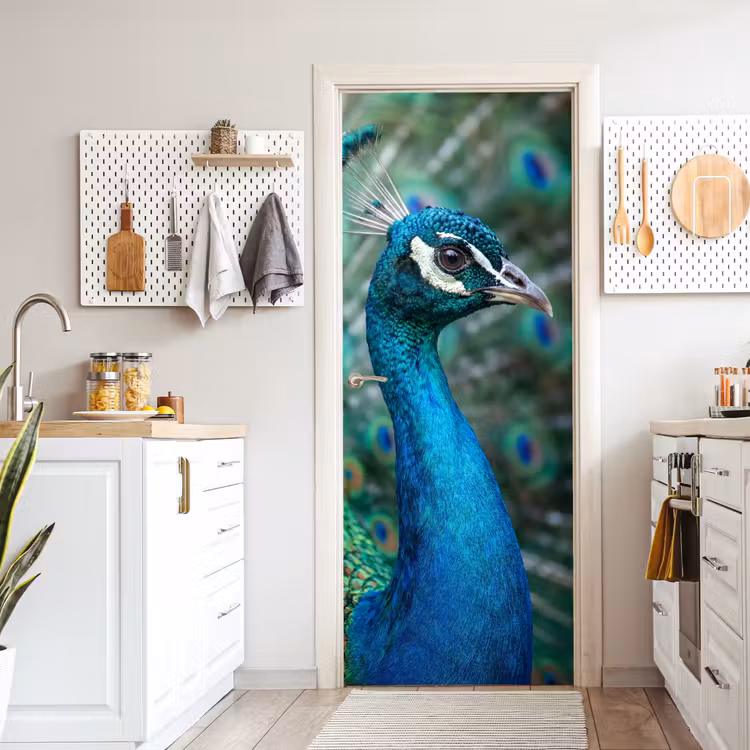 Pauw - Veren - Blauw deurposter klein -sfeer5