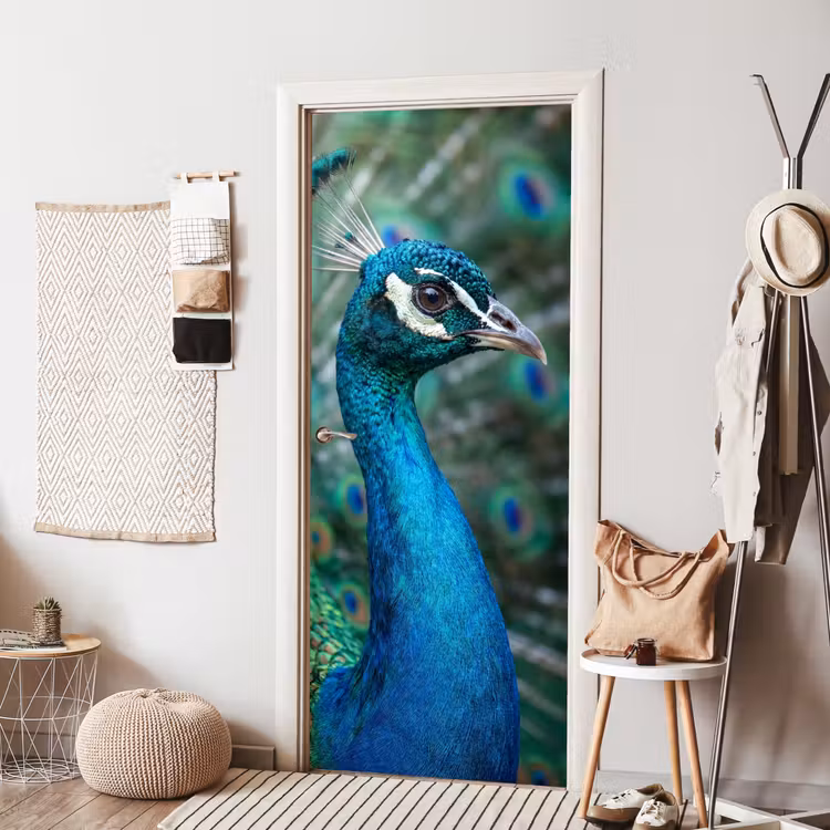 Pauw - Veren - Blauw deurposter klein -sfeer6